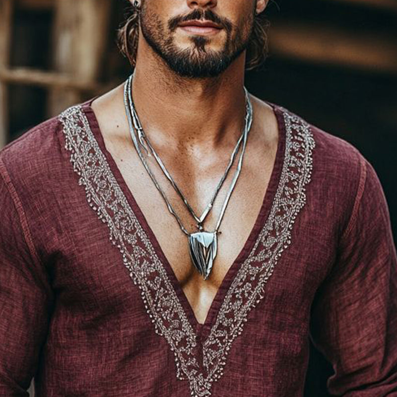 Men's Vintage Lace Patchwork V-neck Long-sleeved T-shirt 9892050665656