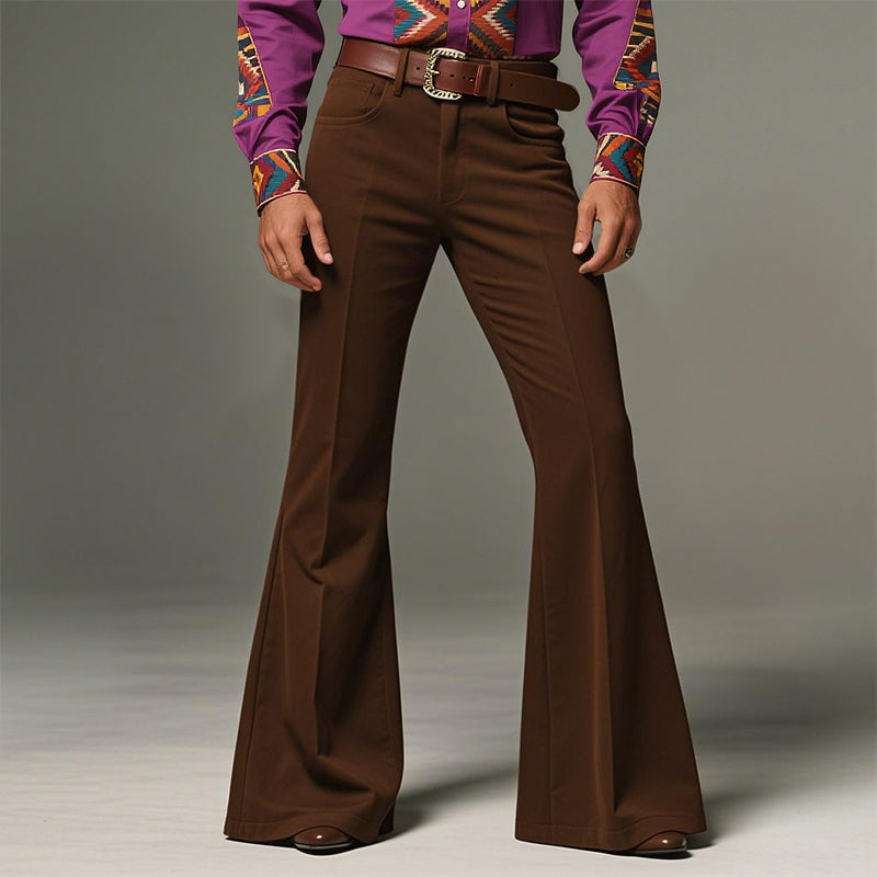 Men's Side Pockets Flared Leg Solid Color Retro Pants 9956580491448