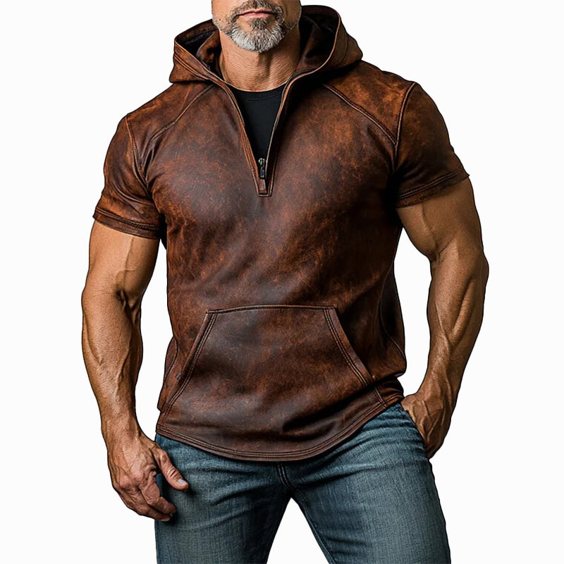Men's Distressed PU Leather Half Zipper Pocket Short Sleeve Hoodie 9906596741304
