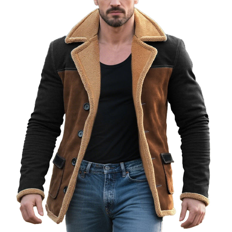 Men's Fleece Colorblock Suede Lapel Suede Single Breasted Multi-pocket Coat 9261105283256