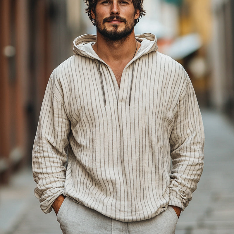 Men's Casual Loose Vertical Striped Cotton and Linen Hoodie 9892386439352
