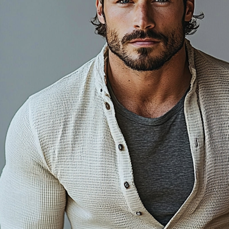Men's Waffle Collar Long Sleeve Shirt 9918989893816