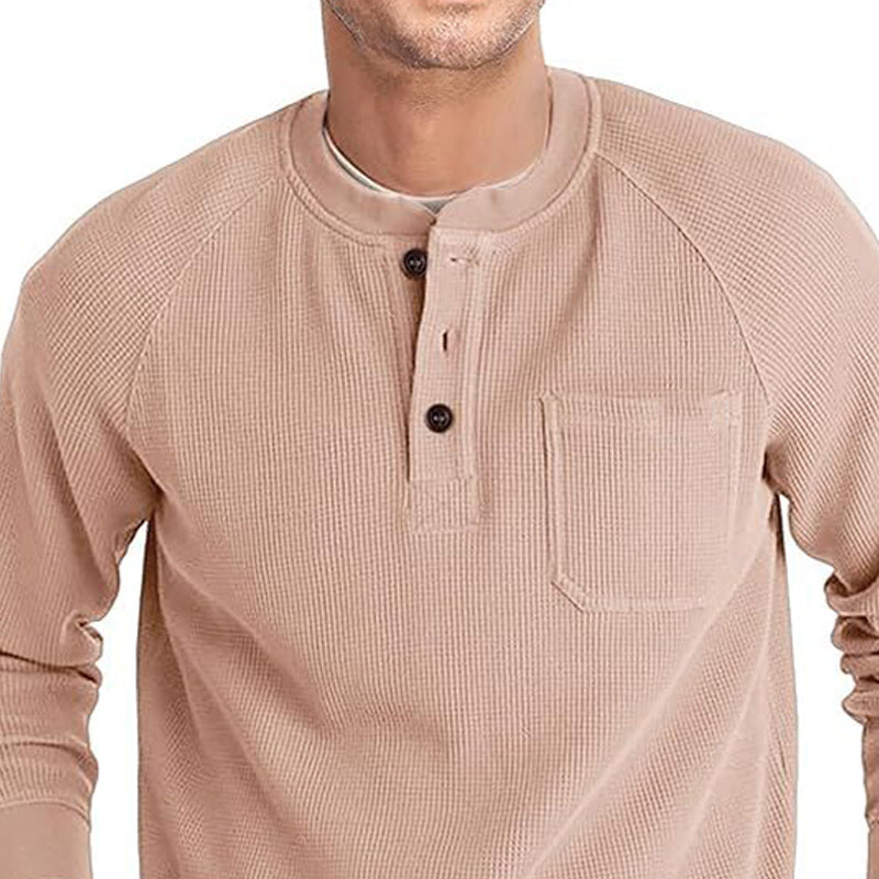 Men's Casual Pit Grid Button Round Neck Long Sleeve T-Shirt 9892392730808