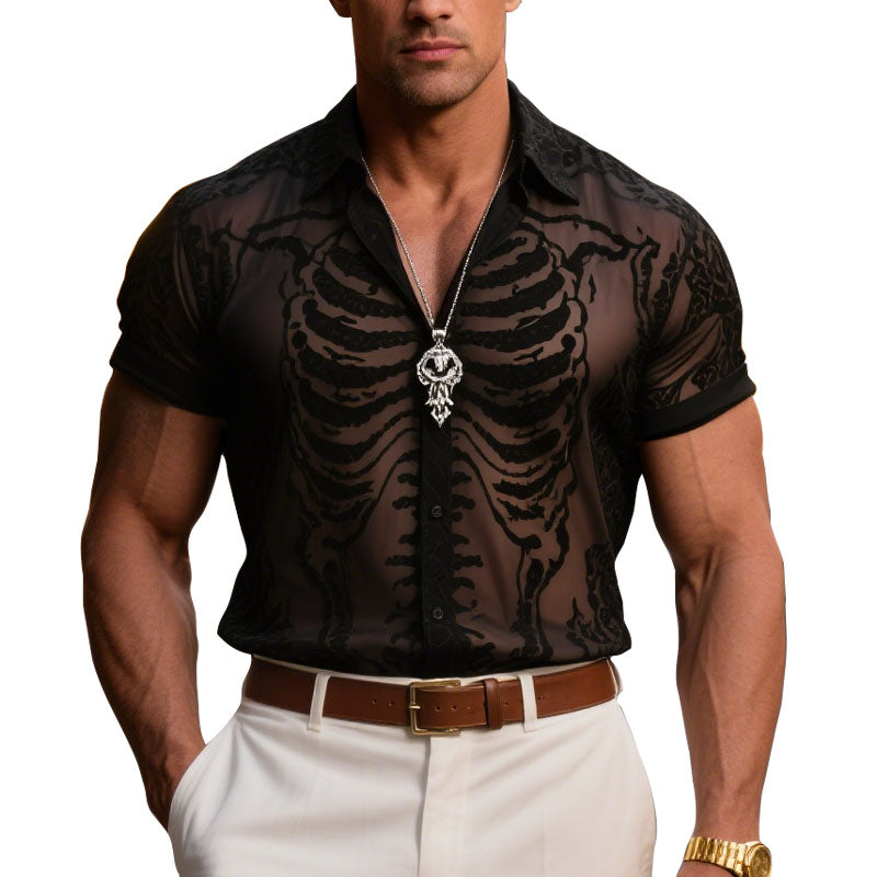 Men's Sheer Skeleton Motif Printed Summer Short Sleeve Shirt 250600762