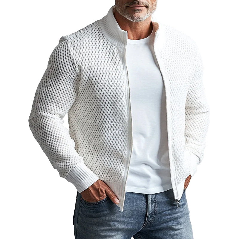 Men's Stand Collar Long Sleeve Hollow Out Knitted Zip Up Jacket 9899606081720