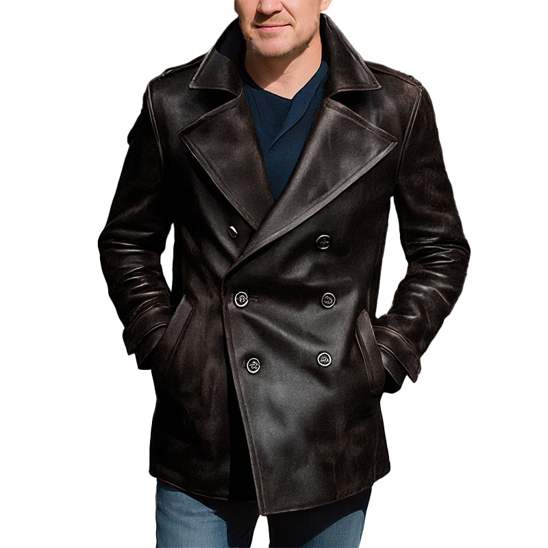 Men's Vintage Distressed Notched Lapel Leather Jacket 9873140121784
