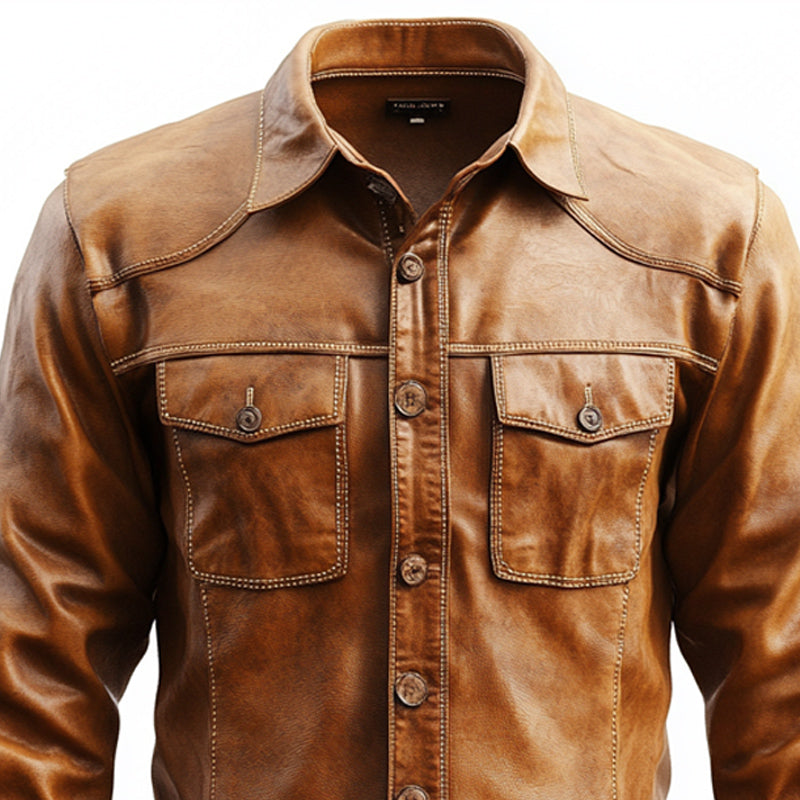 Men's Vintage Slim Fit Button-Down Leather Shirt 9891528048824
