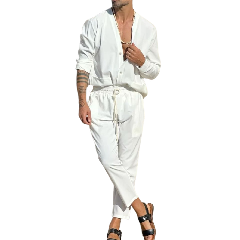 Men's Casual Cotton V-Neck Long Sleeve Shirt Elastic Waist Straight Pants Set 9907264520376