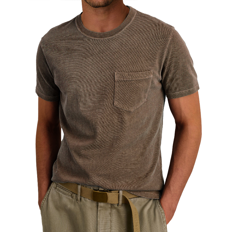 Men's Fashion Washed Round Neck Chest Pocket Short Sleeve T-Shirt 9892051976376