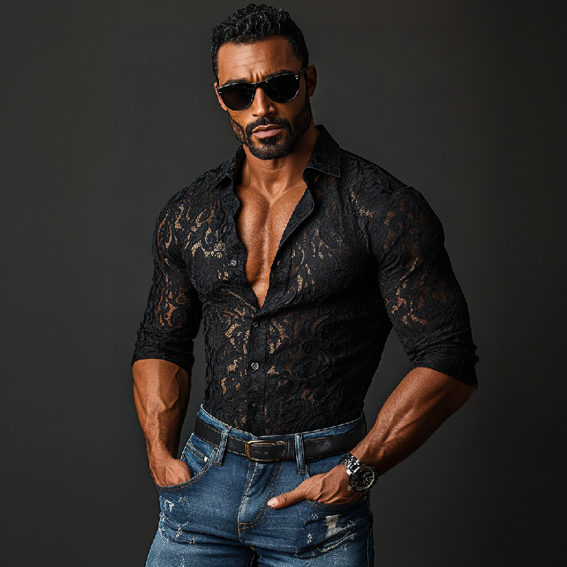 Men's Fashion Lace Slim Fit Lapel Long Sleeve Shirt 9894195822776