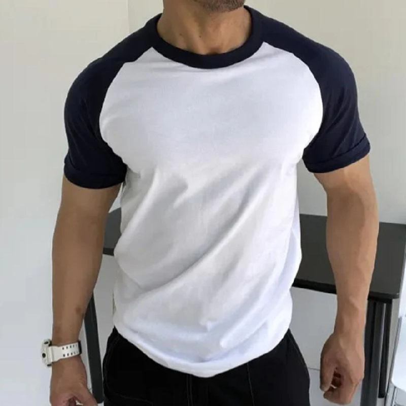 Men's Casual Cotton Round Neck Colorblock Patchwork Short Sleeve T-shirt 9901320241336