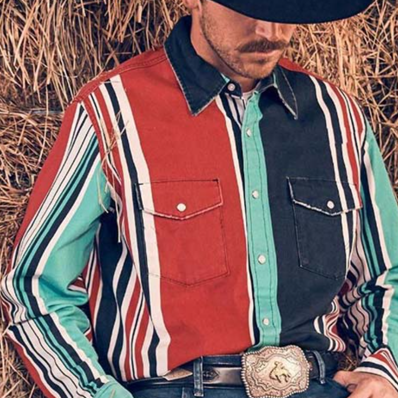 Men's Retro Casual Western Style Vertical Striped Long Sleeve Shirt 9903260729528