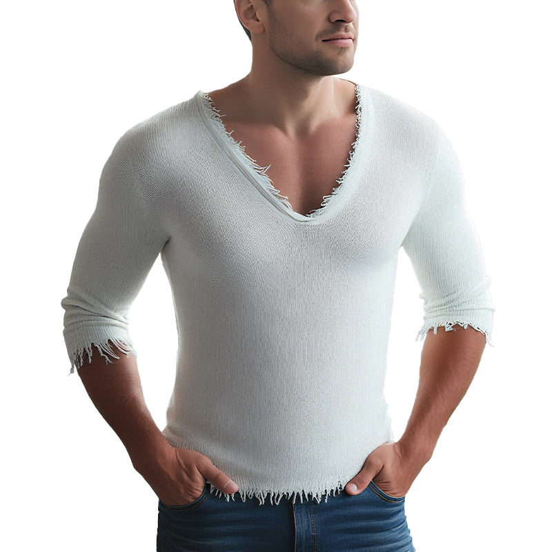 Men Fashion Raw Edge V Neck Slim Fit Knit Sweater 9883355742392