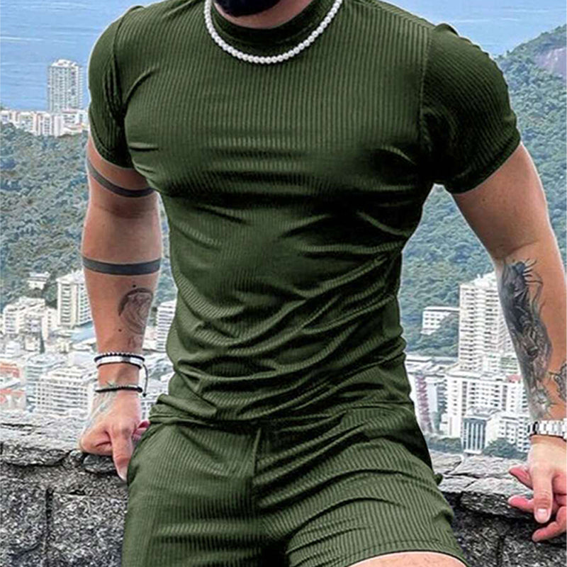 Men's Striped Textured Shorts Short Sleeve Two-Piece Set 9918989631672