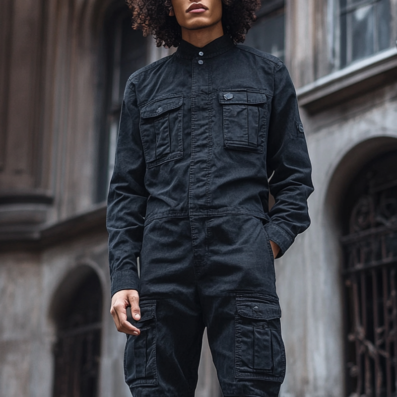 Men's Fashion Denim Long Sleeve Multi-pocket Cargo Jumpsuit 9893975261368