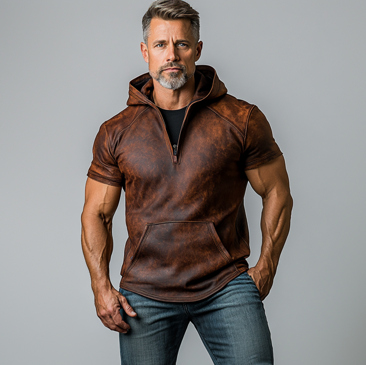 Men's Distressed PU Leather Half Zipper Pocket Short Sleeve Hoodie 9906596741304