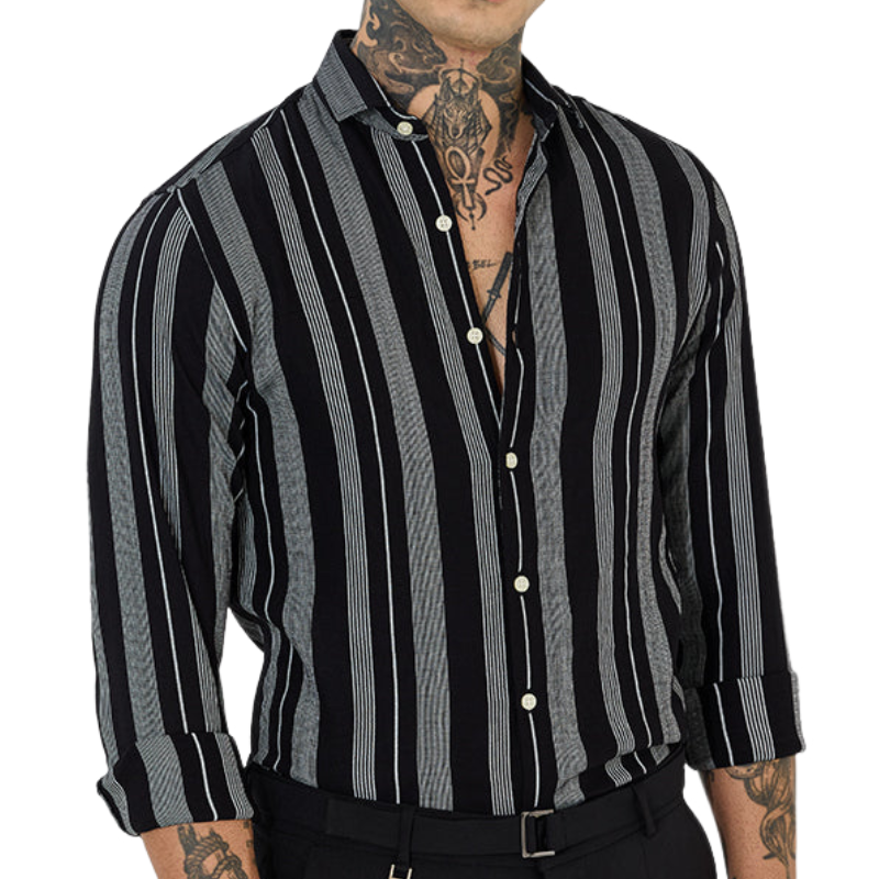 Men's Casual Classic Lapel Cotton Blend Striped Long Sleeve Shirt 9904629874872