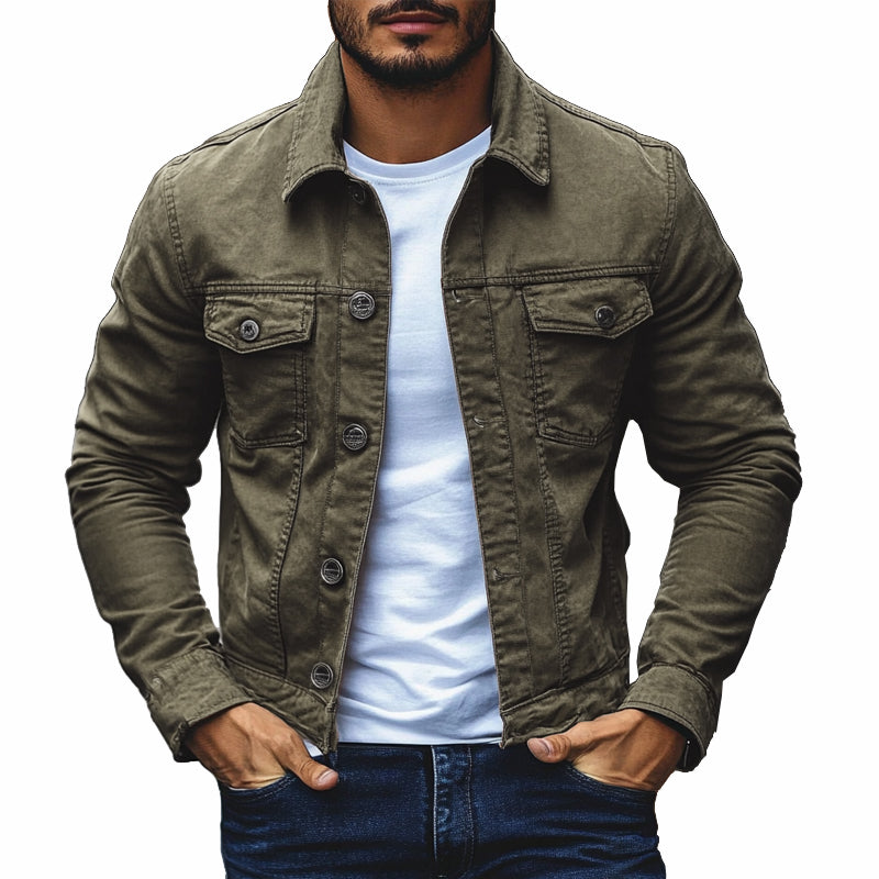 Men's Solid Lapel Washed Denim Jacket 9909011513528