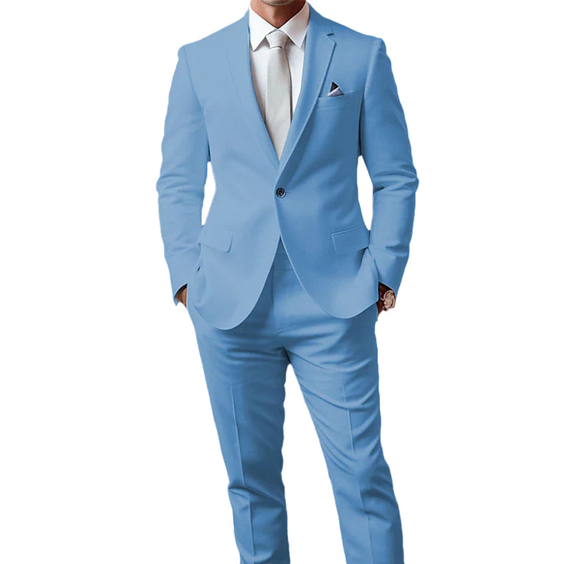 Men's Business Solid One Button Pocket Lapel Collar Blazer & Pants 2Pcs Set 9888556908728