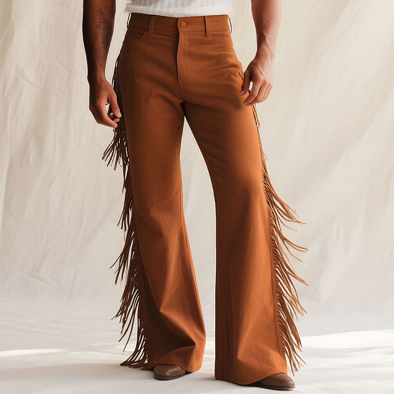 Men's Side Fringed Wide Leg Retro Mid-Rise Waist Pants 250401147