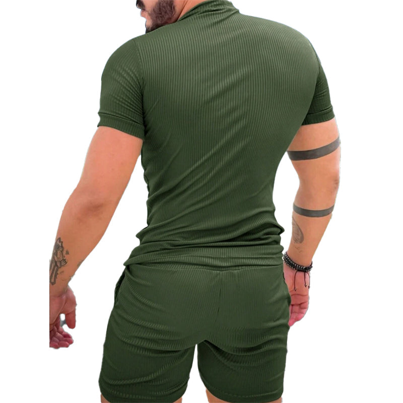 Men's Striped Textured Shorts Short Sleeve Two-Piece Set 9918989631672