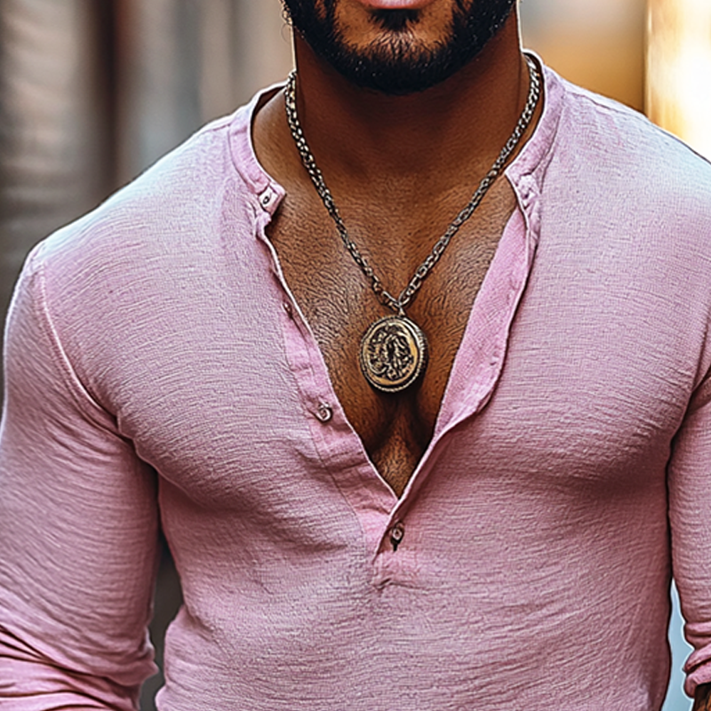Men's Solid Color Henley Collar Long Sleeve Casual T-shirt 9903260303544