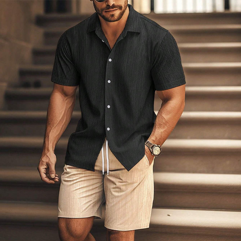 Men's Casual Contrast Color Short Sleeve Shorts Two Piece Set 9918989664440