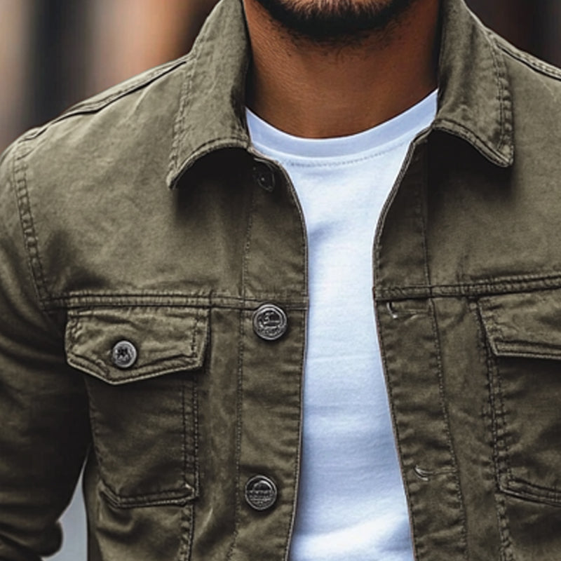 Men's Solid Lapel Washed Denim Jacket 9909011513528
