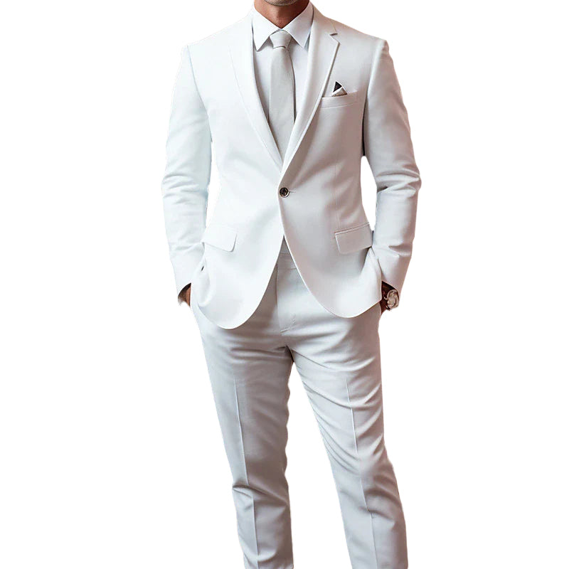 Men's Business Solid One Button Pocket Lapel Collar Blazer & Pants 2Pcs Set 9888556908728