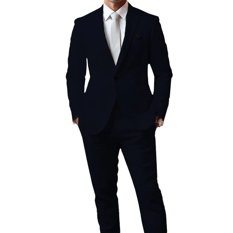 Men's Business Solid One Button Pocket Lapel Collar Blazer & Pants 2Pcs Set 9888556908728