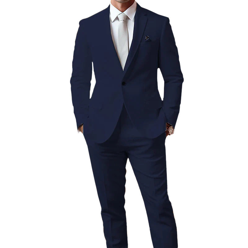 Men's Business Solid One Button Pocket Lapel Collar Blazer & Pants 2Pcs Set 9888556908728
