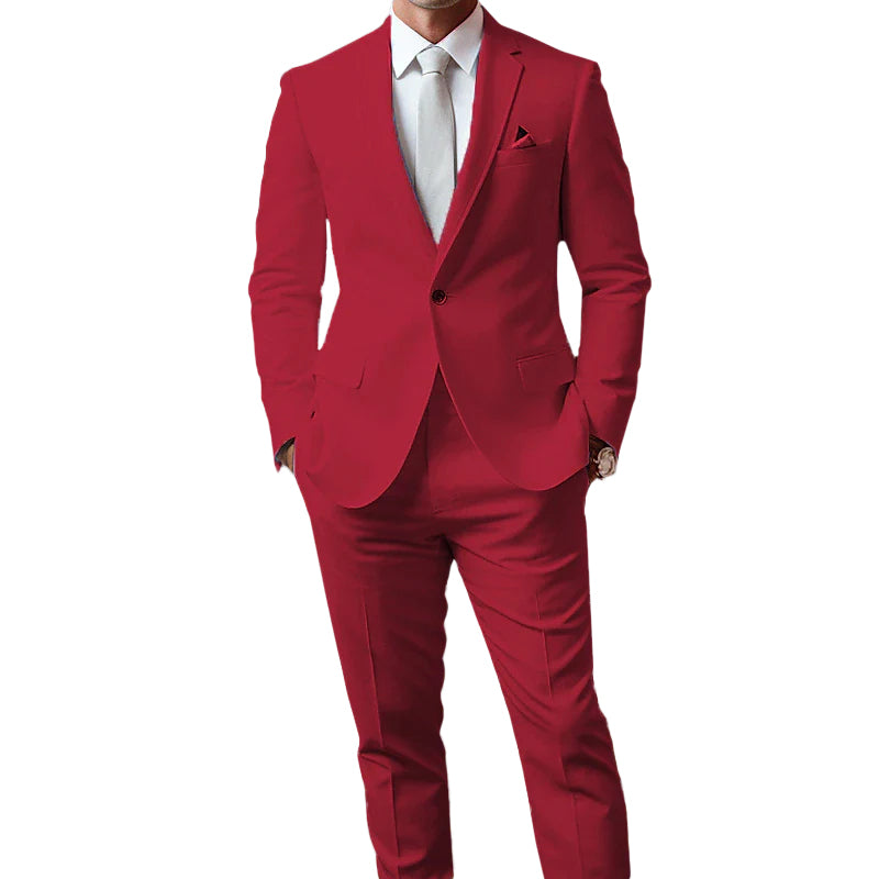 Men's Business Solid One Button Pocket Lapel Collar Blazer & Pants 2Pcs Set 9888556908728
