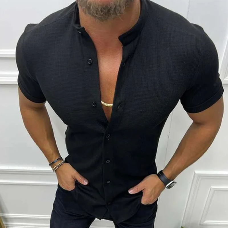 Men's Casual Waffle Collar Slim Fit Short Sleeve Shirt 9901320765624