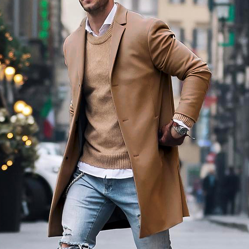 Men's Notch Lapel Single Breasted Mid-length Coat 9261100466360
