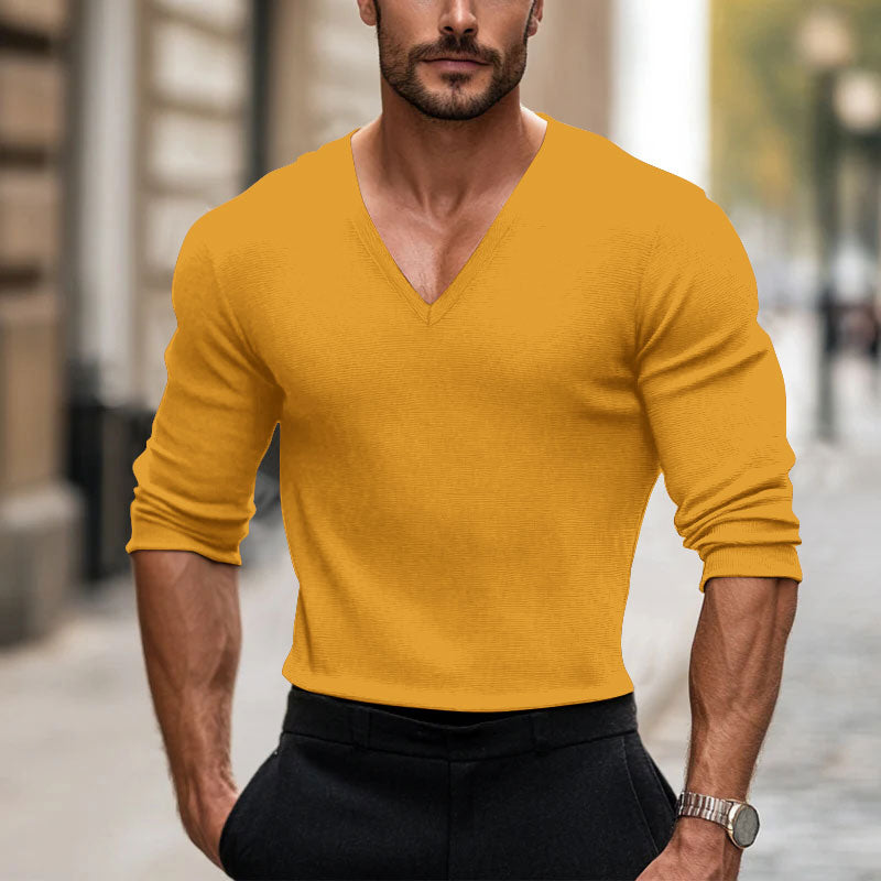 Men's V-Neck Ribbed Cotton Solid Color T-shirt 250700494