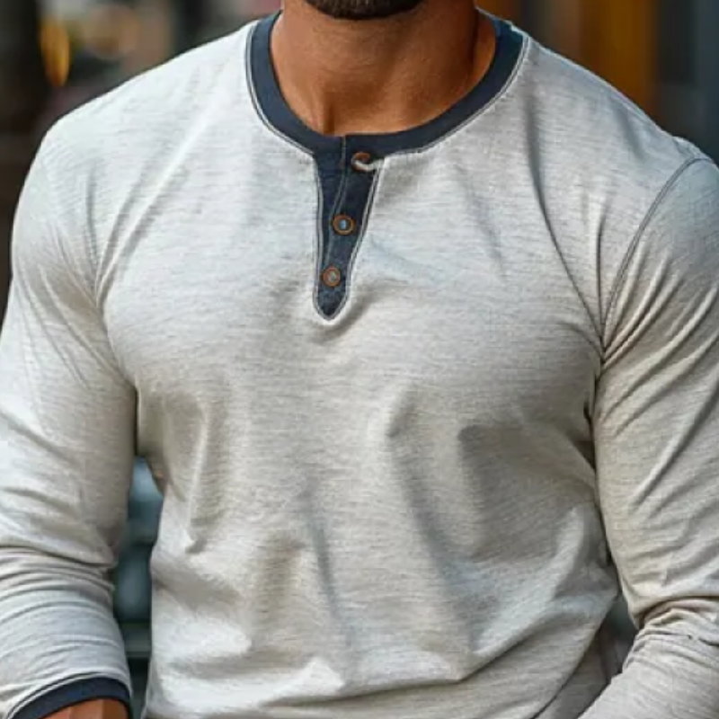 Men's Casual Colorblock Henley Collar Long-Sleeved T-Shirt 9892391583928