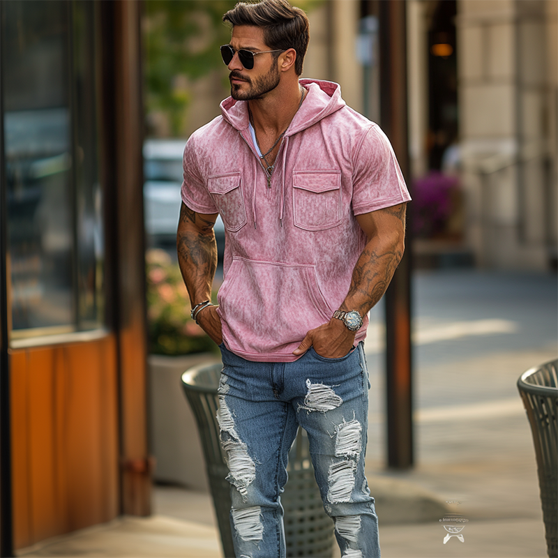 Men's Stylish Classic Casual Multi-pocket Suede V-neck Zipper Hoodie 9903258861752