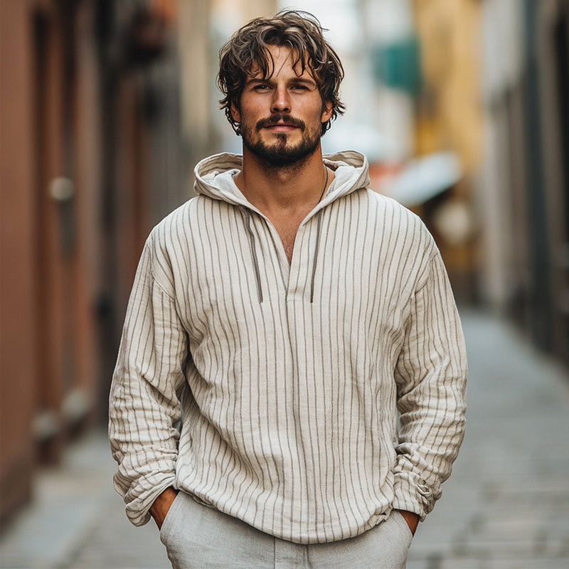 Men's Casual Loose Vertical Striped Cotton and Linen Hoodie 9892386439352