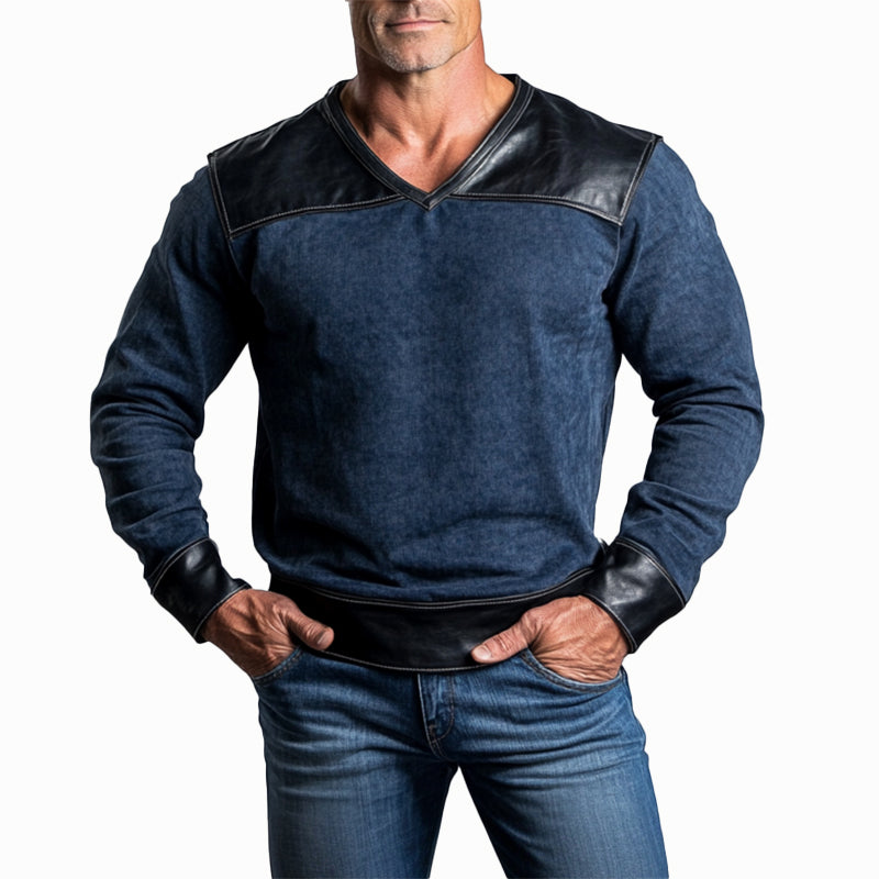 Men's Denim PU Leather Patchwork V Neck Long Sleeve Sweatshirt 9906596839608