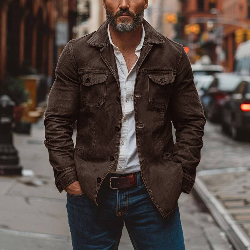 Men's Vintage Heavy Washed Leather Lapel Single Breasted Multi-Pocket Work Jacket 9261077692600