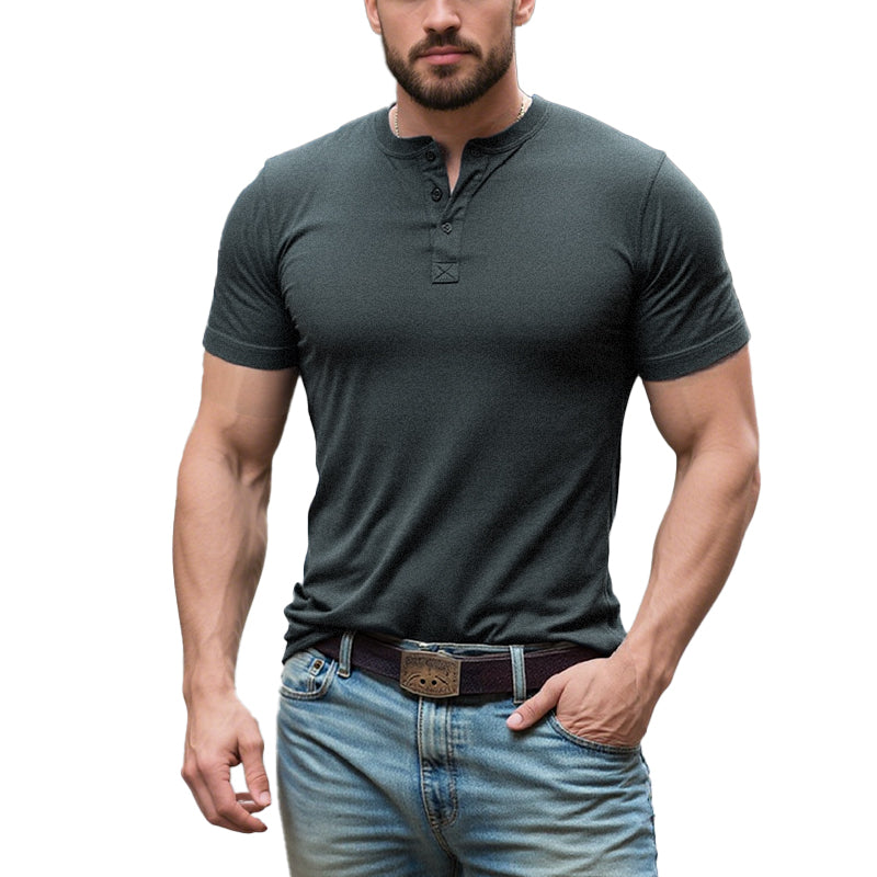 Men's Vintage Solid Color Short Sleeve Henley Neck T-Shirt 9261138870456