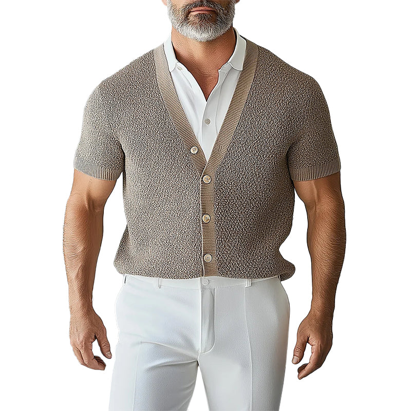 Men's V Neck Button Short Sleeve Knit Cardigan 9951401607352