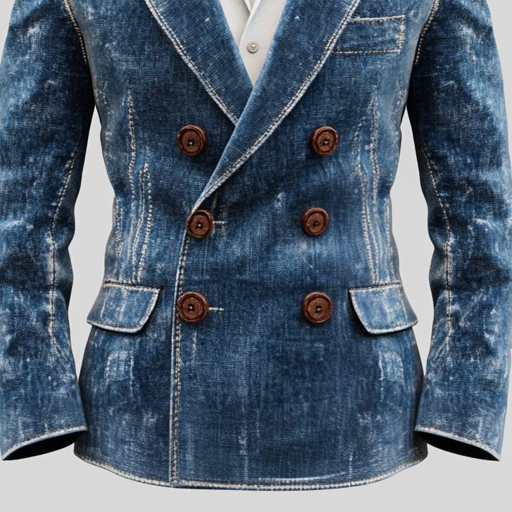 Men's Peak Lapel Double Breasted Washed Denim Long Sleeve Blazer 9917068509368