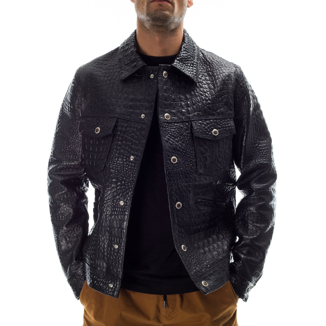 Men's Lapel Leather Crocodile Pattern 9878573809848