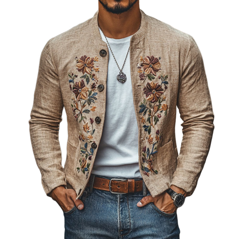 Men's Casual Linen Embroidered Stand Collar Single Breasted Slim Fit Jacket 9923553624248