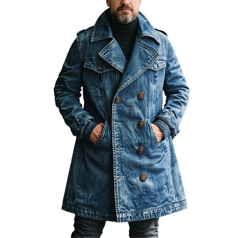 Men's Classic Casual Double Breasted Multi-Length Thigh-Length Denim Jacket 9266614501560