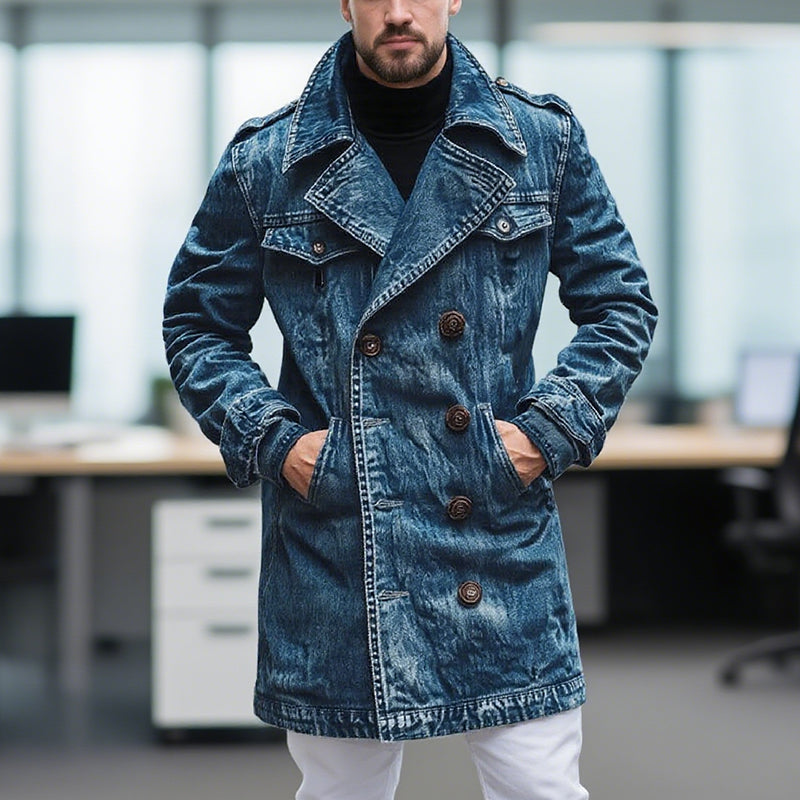 Men's Classic Casual Double Breasted Multi-Length Thigh-Length Denim Jacket 9266614501560