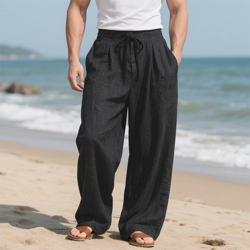 Men's Solid Color Loose Cotton And Linen Elastic Waist Casual Pants 9901320143032