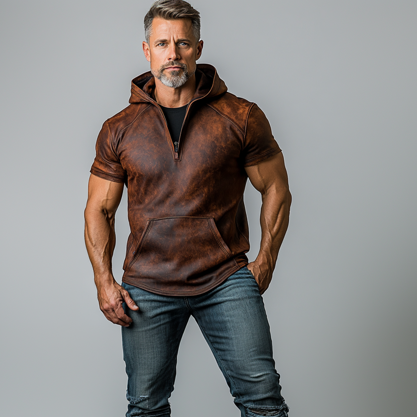 Men's Distressed PU Leather Half Zipper Pocket Short Sleeve Hoodie 9906596741304