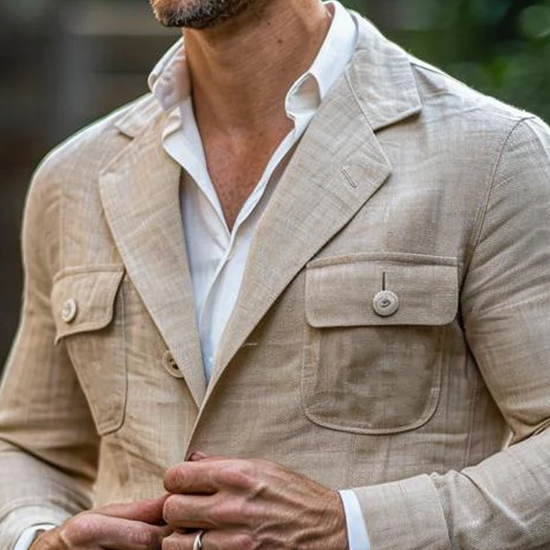 Men's Vintage Notch Lapel Cotton Linen Blended Loose Safari Jacket 9261083132088